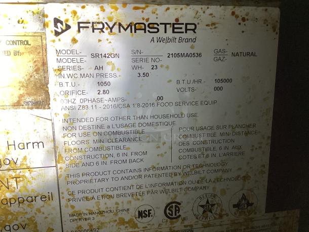 Dean Frymaster SR142GN fryer label showing model details, natural gas type, and safety instructions.