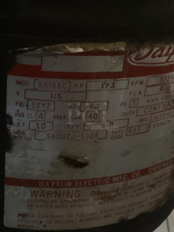Barmaid Model #5k158c equipment tag showing specifications: 1/3 HP, 1725 RPM, 115V, made by Dayton Electric Mfg. Co.