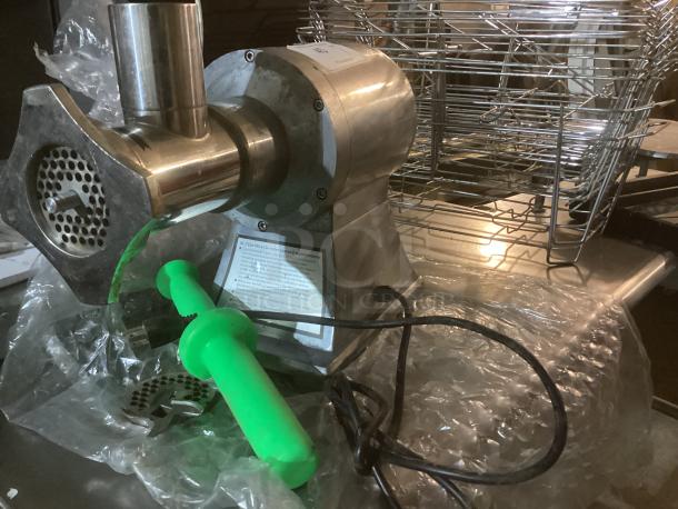 Al-Type Meat Grinder, 8x8x14, includes accessories. Stainless steel finish, used condition with visible power cord and green pusher.