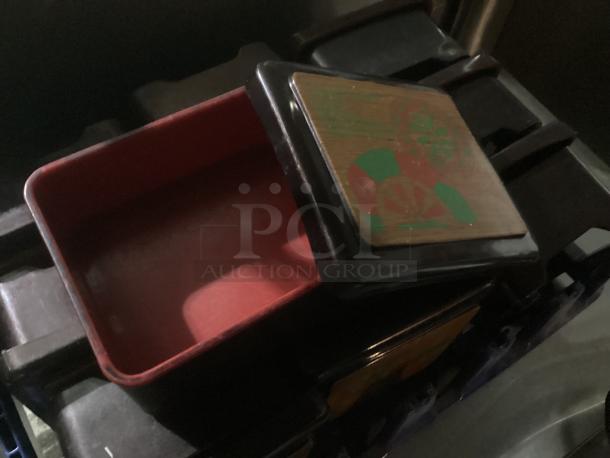 Plastic trinket box with lid, decorative pattern, open showing red interior. Good condition. Qty 10 available.