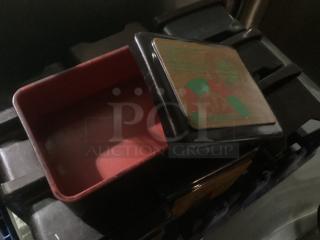 Plastic trinket box with lid, decorative pattern, open showing red interior. Good condition. Qty 10 available.