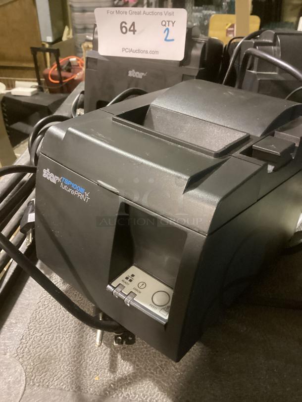 Star TSP100 FUTUREPRNT POS Printer, Model #TSP 100, Qty 2, black, with feed button and power cables.