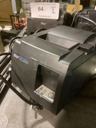 Star TSP100 FUTUREPRNT POS Printer, Model #TSP 100, Qty 2, black, with feed button and power cables.