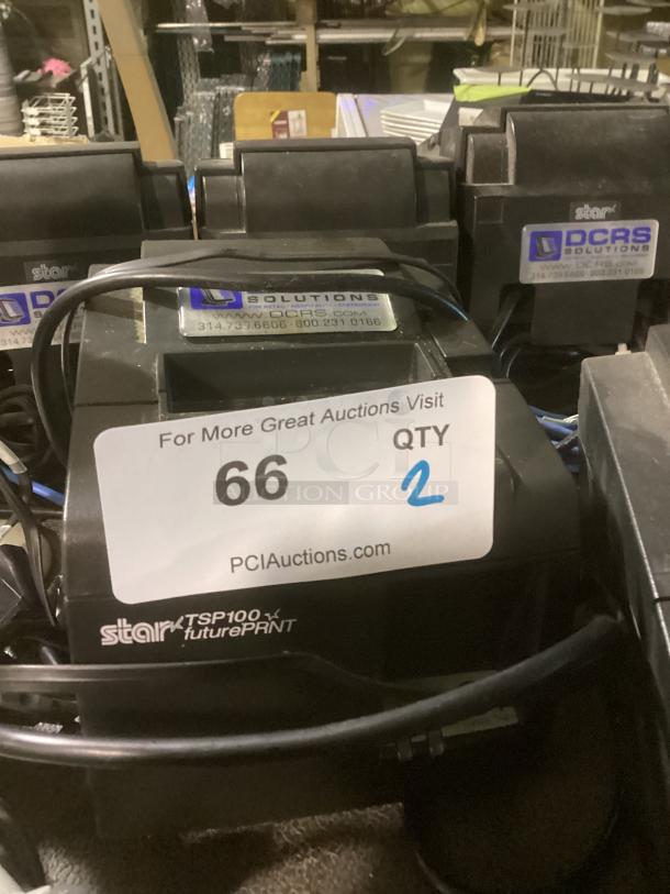 Star TSP100 futurePRNT POS printers, model TSP 100, in good condition. Includes auction label and wires, qty 2.