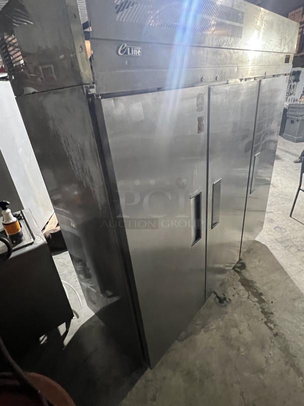 ELine stainless steel 3-door cooler, model ER72-3-N-V, 78x30x79.5 inches. Tested, working, with visible branding.