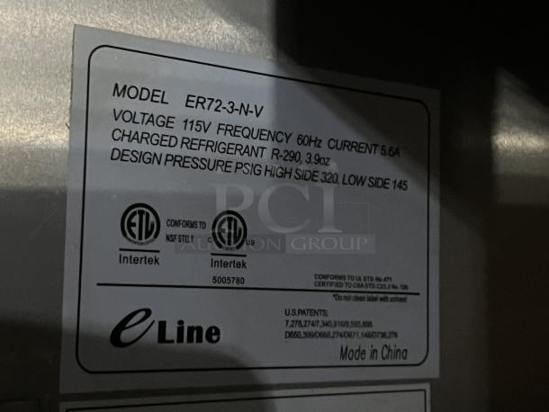 ELine ER72-3-N-V stainless steel 3-door cooler label, showing voltage, frequency, refrigerant details, and ETL certification.