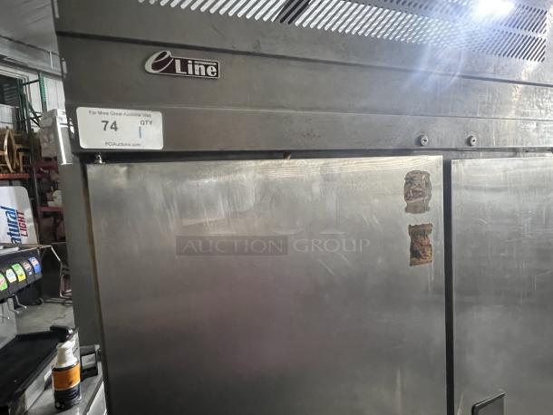 ELine ER72-3-N-V stainless steel 3-door cooler, 78x30x79.5 inches, tested and working. Visible labels and slight wear.