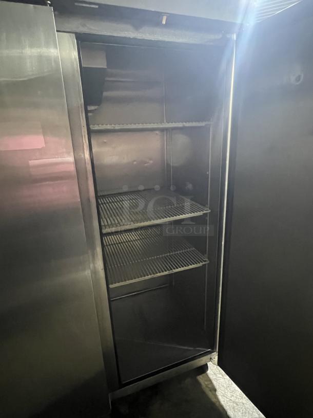 ELine Stainless Steel 3-Door Cooler, Model ER72-3-N-V, tested and working. Dimensions: 78x30x79.5 inches.