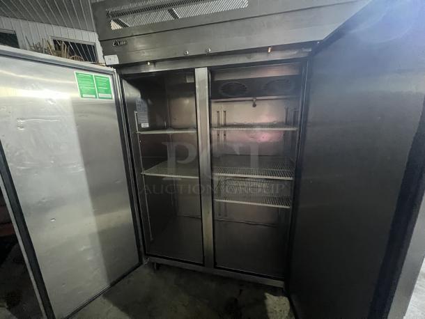 ELine Stainless Steel Refrigerated 3-Door Cooler, Model ER72-3-N-V, 78"x30"x79.5", tested and working, good condition.