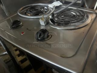 Whirlpool 2-burner electric stovetop, model RCS2002RS04, 21x17 inches, stainless finish, used condition, visible power cord.