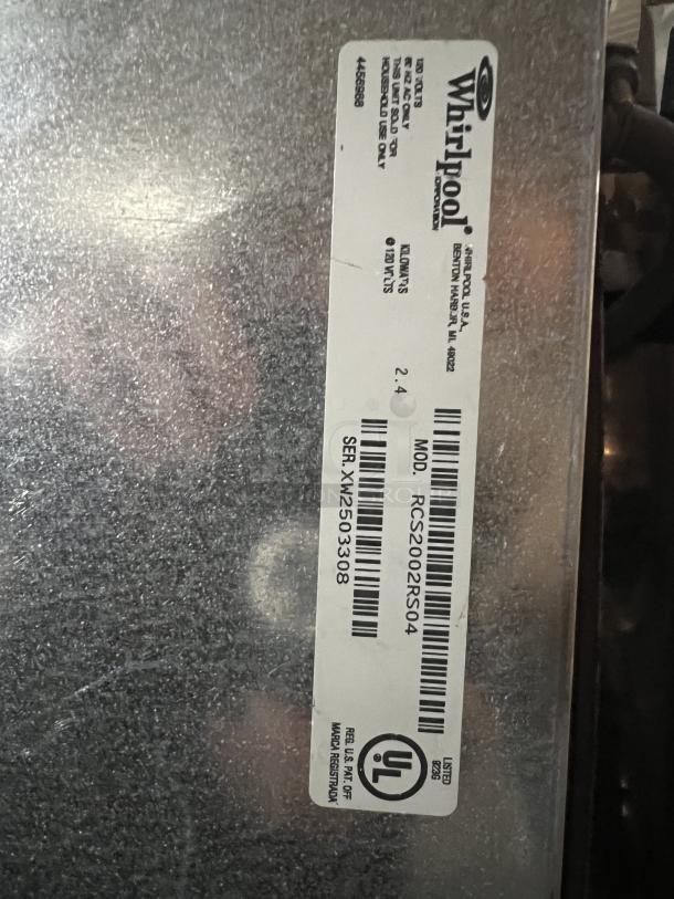 Whirlpool 2-burner electric stovetop, model RCS2002RS04, with label showing specifications; measures 21 x 17 inches.