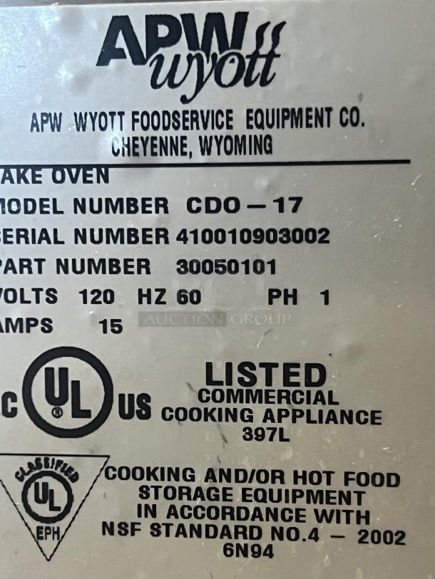 APW Wyott Countertop Electric Pizza Deck Oven, Model #CDO-17. UL listed, commercial cooking appliance, dimensions 22x22.5x17.5.