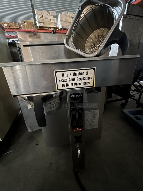 Fetco Double Coffee/Tea Brewer, Model CBS-2042e, stainless steel, 19x16x34.5 inches, warning label about paper cups.