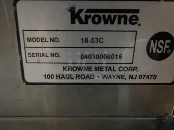 Krowne stainless steel underbar sink, model 18-53C, dimensions 77x31x83. Label shows model and serial numbers, NSF certified.