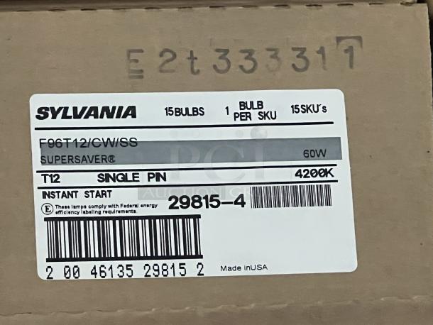 Sylvania 8’ fluorescent light bulbs, model F96T12/CW/SS, 60W, 4200K, 10 cases of 15 bulbs, instant start, energy efficient.