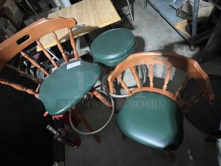 Set of green cushioned barstools and chairs with wooden spindles. Includes price tag label. In good condition.