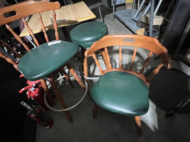 Set of green cushioned barstools and chair, wooden frame, good condition, keyhole backing, suitable for bar seating.