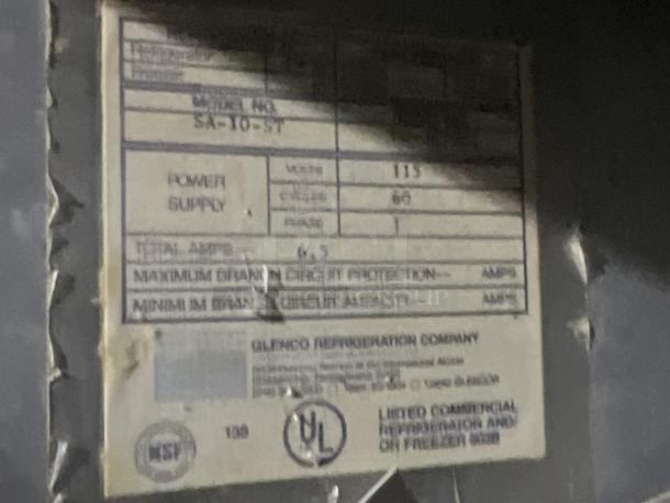 Label for Glenco Burrdian XL Worktop Table, Model SA-10-ST, showing power supply details and certification markings.