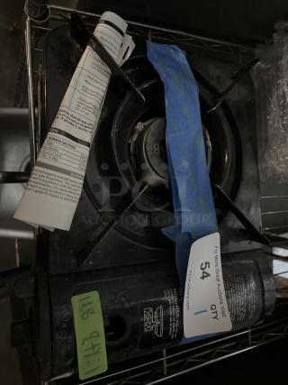 Chef Master Propane Stove Burner with single burner, black finish, visible labels. Used condition with wear. Includes instructions.