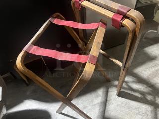 Two wooden waitress tray stands with red straps, in good condition. Ideal for restaurants or catering use.