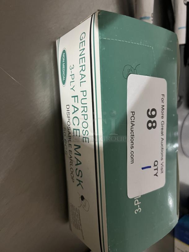 Box of 50 non-medical 3-ply general purpose face masks with disposable ear loops. Condition appears unopened.