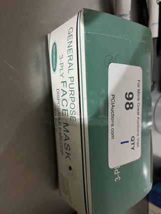 Box of 50 non-medical 3-ply general purpose face masks with disposable ear loops. Condition appears unopened.