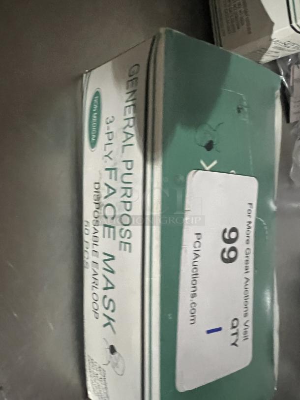 Box of General Purpose 3-Ply Face Masks, disposable earloop, 50 pcs. Auction label indicates lot number 99.