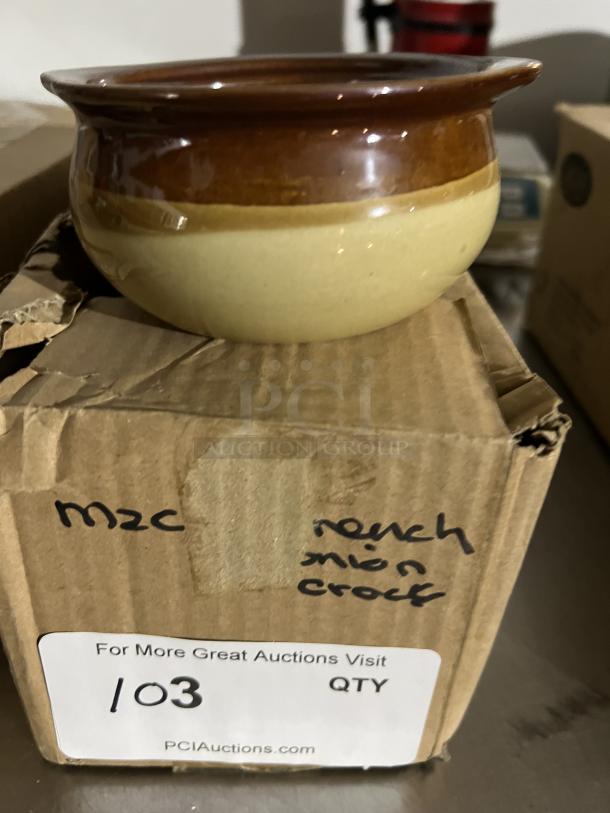Brown and beige French onion soup crock, ceramic, good condition, on labeled box, 6 available.