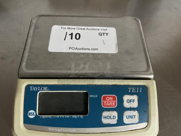 Taylor TE11 digital scale, used condition, features on/tare and unit buttons, NSF certified, 11 lb capacity, not legal for trade.