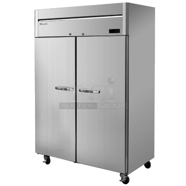 Brand new Blue Air BSR49THC commercial stainless steel 2-door refrigerator, 2019 model, on casters, with poly-coated wire rack.