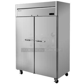 Brand new Blue Air BSR49THC commercial stainless steel 2-door refrigerator, 2019 model, on casters, with poly-coated wire rack.