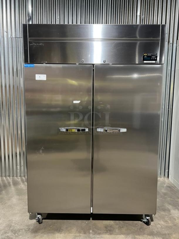 Brand new Blue Air 2019 stainless steel 2-door commercial refrigerator, model BSR49THC, on casters, with poly coated rack.