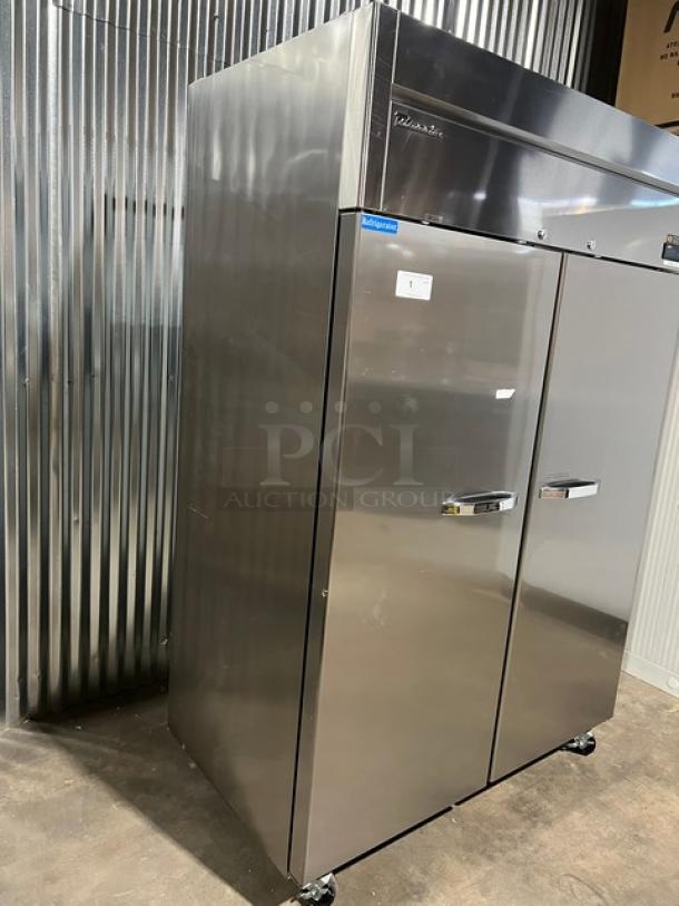 Brand new 2019 Blue Air BSR49THC commercial stainless steel 2-door reach-in refrigerator with poly-coated racks, on casters.