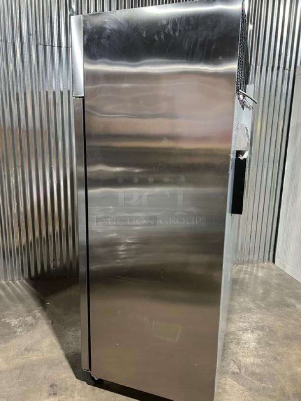 Brand new Blue Air BSR49T-HC commercial stainless steel 2-door refrigerator with poly-coated rack, on casters, 115V, 1 phase.