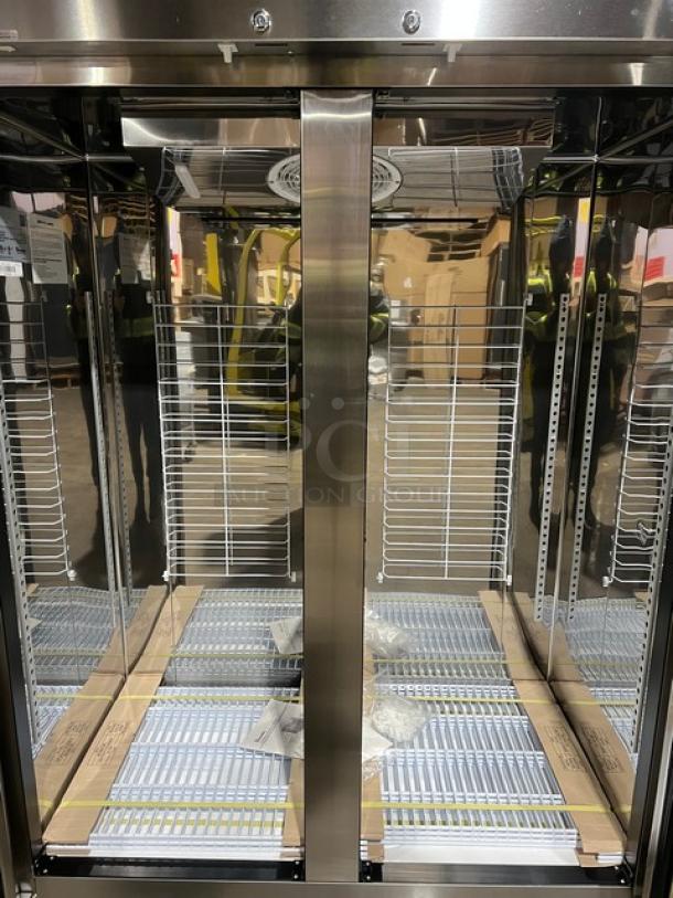 Brand new 2019 Blue Air BSR49THC stainless steel 2-door reach-in refrigerator with poly-coated racks, on casters.