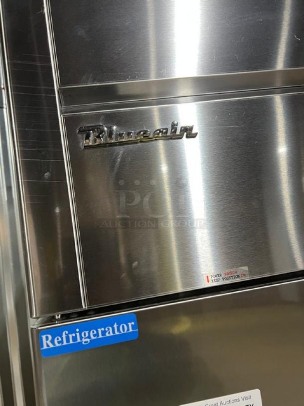 Brand new Blue Air BSR49THC stainless steel 2-door refrigerator, 2019 model, top mount, on casters, with poly coated rack.