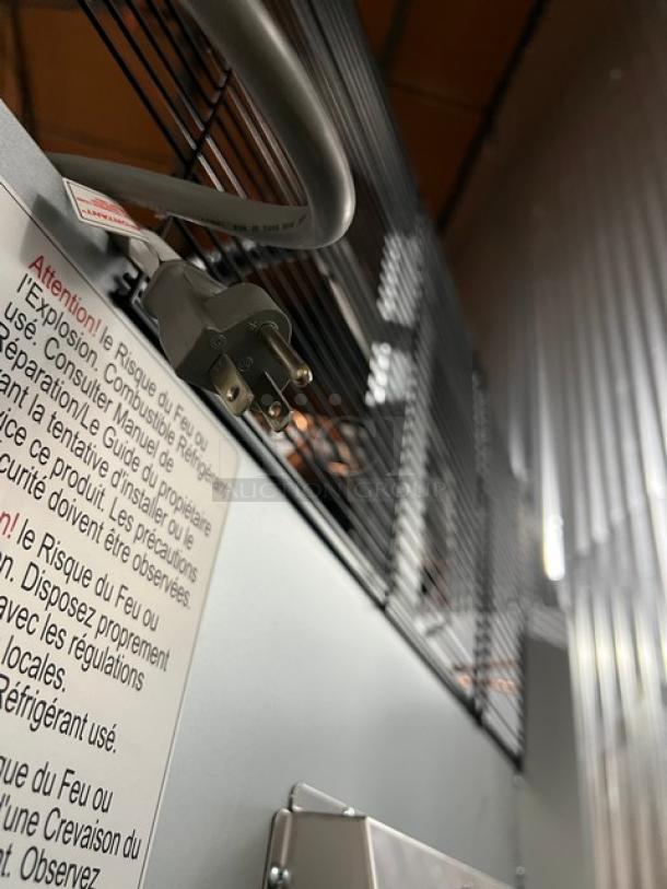 Blue Air BSR49T-HC commercial stainless steel refrigerator, new, two solid doors, on casters, 115V 1 phase, safety labels.