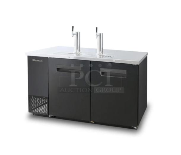 Brand new Blue Air BDD592B black 2-door beer dispenser kegerator, stainless steel top, dual tap towers, on casters.