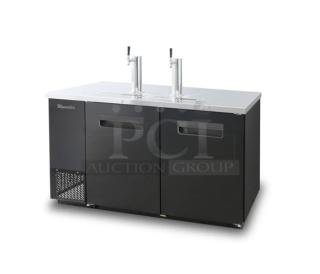 Brand new Blue Air BDD592B black 2-door beer dispenser kegerator, stainless steel top, dual tap towers, on casters.