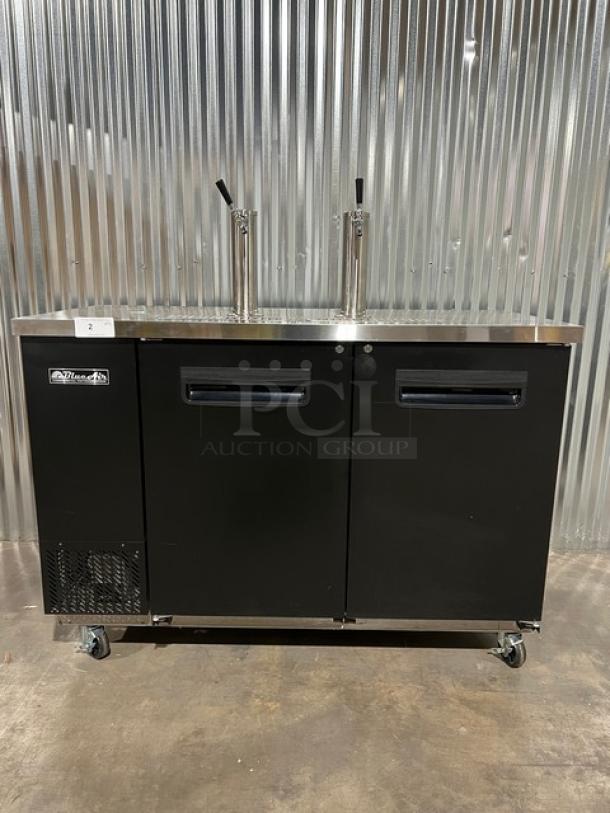 Brand new Blue Air BDD59-2B black 2-door beer dispenser kegerator with stainless steel worktop, dual tap towers, on casters.