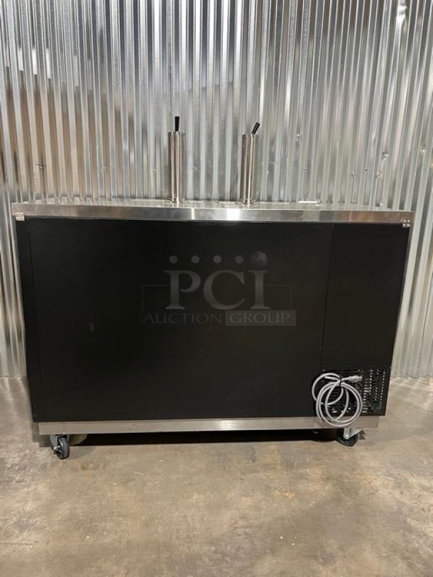 Brand new Blue Air BDD59-2B black 2-door beer dispenser kegerator with stainless steel worktop, dual tap towers, on casters.