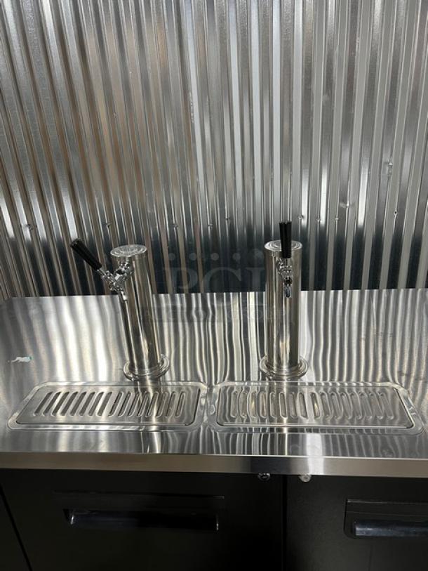 Blue Air black 2-door 59" beer dispenser kegerator with stainless steel worktop and drip tray, dual tap towers, model BDD59-2B.