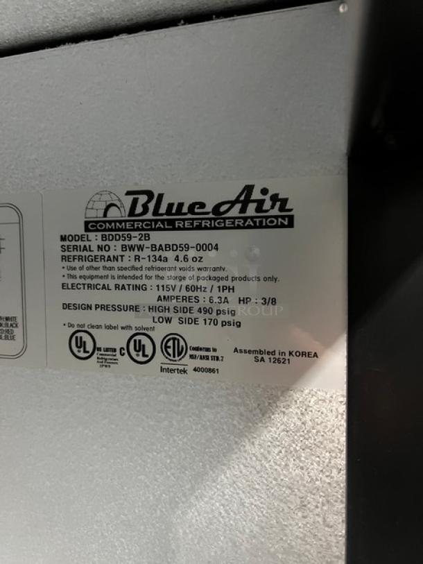 Blue Air BDD59-2B black 2-door kegerator, new, with stainless steel worktop, dual single-tap towers, 115V, on casters.