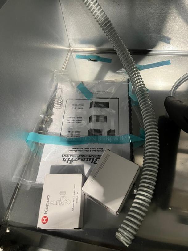 BRAND NEW Blue Air BDD592B Beer Dispenser Kegerator, black 2-door, 59", stainless steel worktop, dual tap towers, on casters.