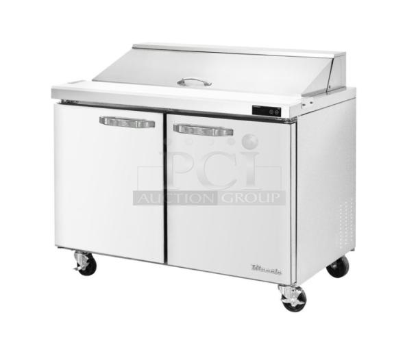 Brand new Blue Air 2-door refrigerated prep table, model BLPT48HC, stainless steel, with cutting board, food pan, on casters.