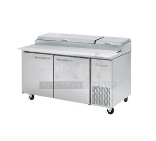 Brand new Blue Air BAPP67 stainless steel 2-door pizza prep table with cutting board, food pan, poly-coated rack, on casters.