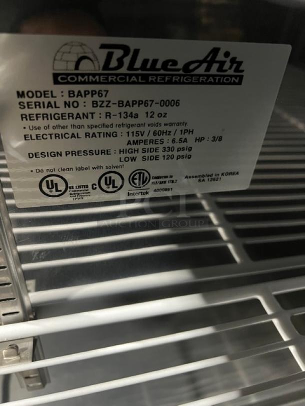 Blue Air BAPP67 stainless steel refrigerated pizza prep table with cutting board, polycarbonate food pan, and rack, brand new.