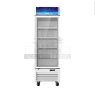 Brand new Blue Air 2024 commercial white glass door refrigerator, model BGM23WHC, on casters with poly-coated rack.