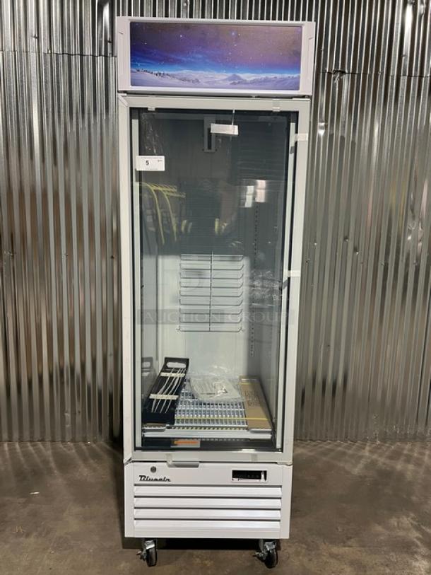 Brand new Blue Air BGM23W-HC commercial refrigerator, white, single glass swing door, poly coated rack, on casters.