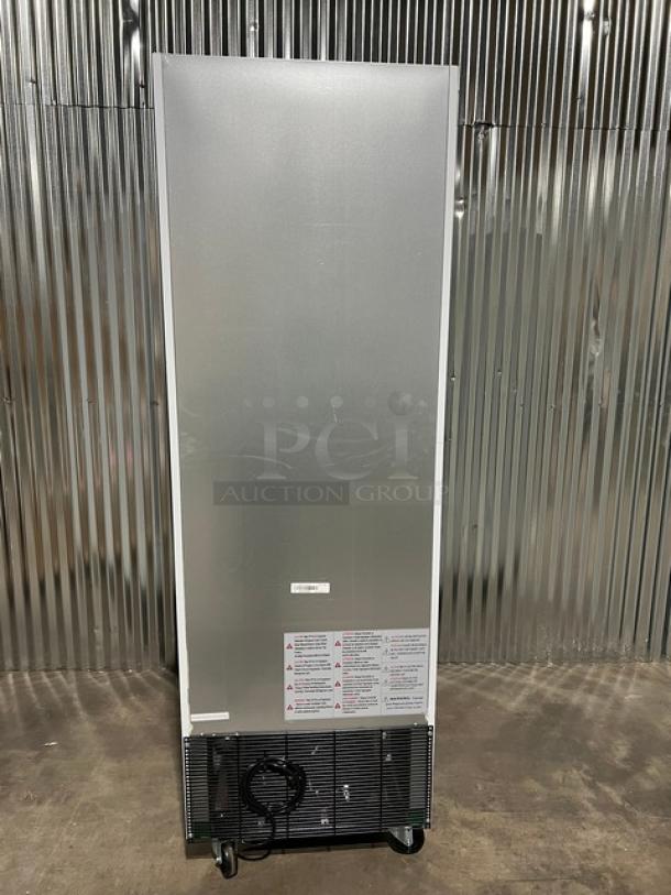 Brand new Blue Air BGM23W-HC commercial glass door fridge, white, poly-coated rack, on casters, 115V, late model 2024.